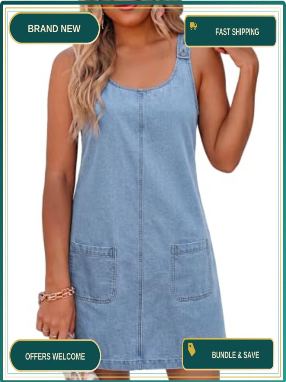 Women's Sleeveless Denim Dress Cotton Blend Shift Casual Babydoll Overall Style